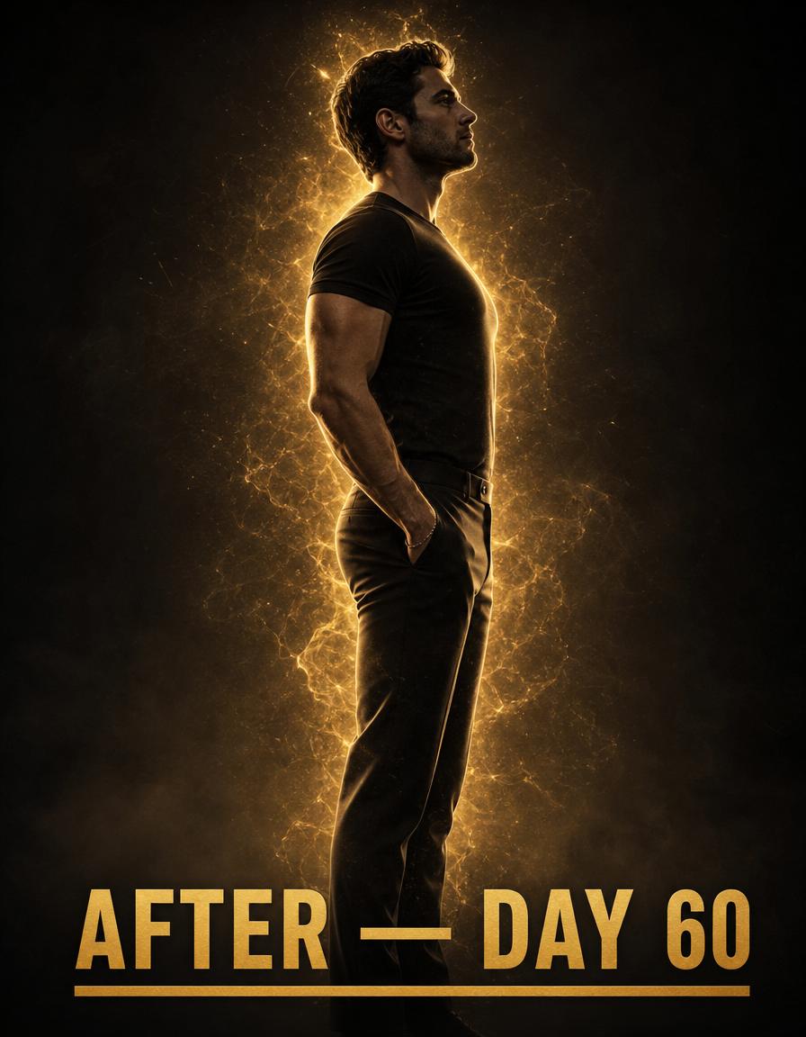 Member after completing the 60-day ESMP program — confident posture, gold energy aura